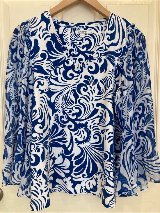 Chico's Tops - Chico’s Blue & White Swirl Print V-Neck Blouse | Women’s Abstract Print Top | Ca